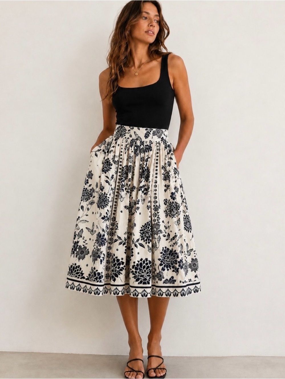 Avec Les Filles Anthropologie Midi Skirt XL NWT Botanical Butterfly Navy Cream